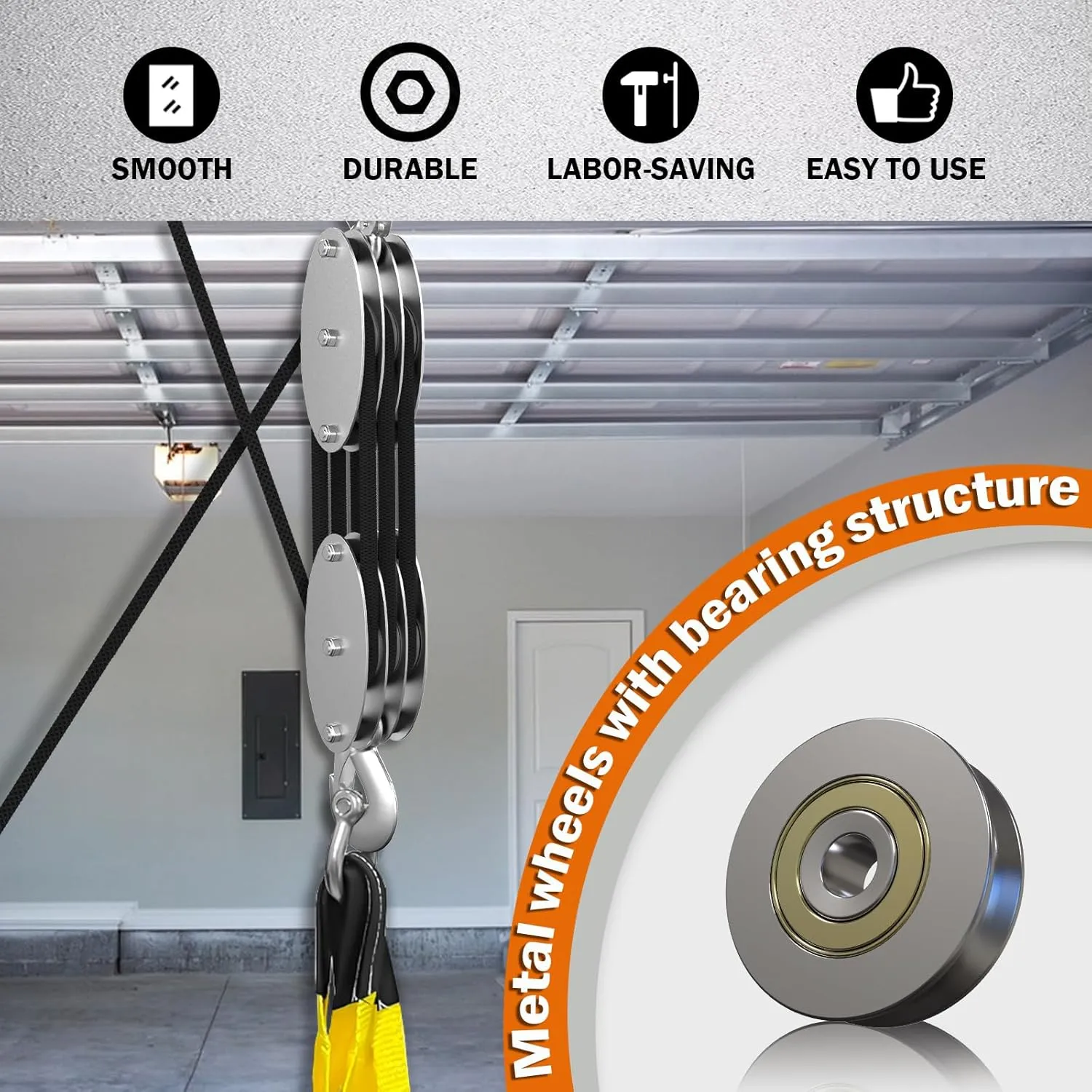 Rope Hoist Pulley System with Metal Bearing, 2200LBS Pulley Block and Tackle, 6:1 Lifting Power 50ft, Heavy Duty Pulley Block for Hunting Lifting Garage Warehouses Building Gift (Black)