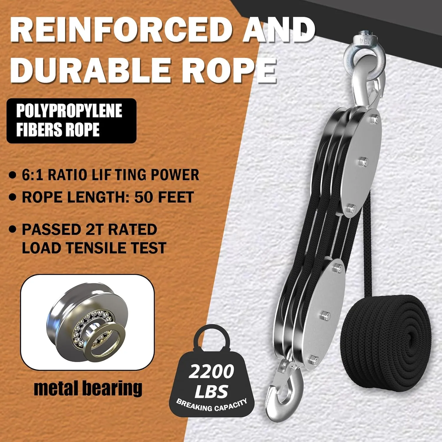 Rope Hoist Pulley System with Metal Bearing, 2200LBS Pulley Block and Tackle, 6:1 Lifting Power 50ft, Heavy Duty Pulley Block for Hunting Lifting Garage Warehouses Building Gift (Black)