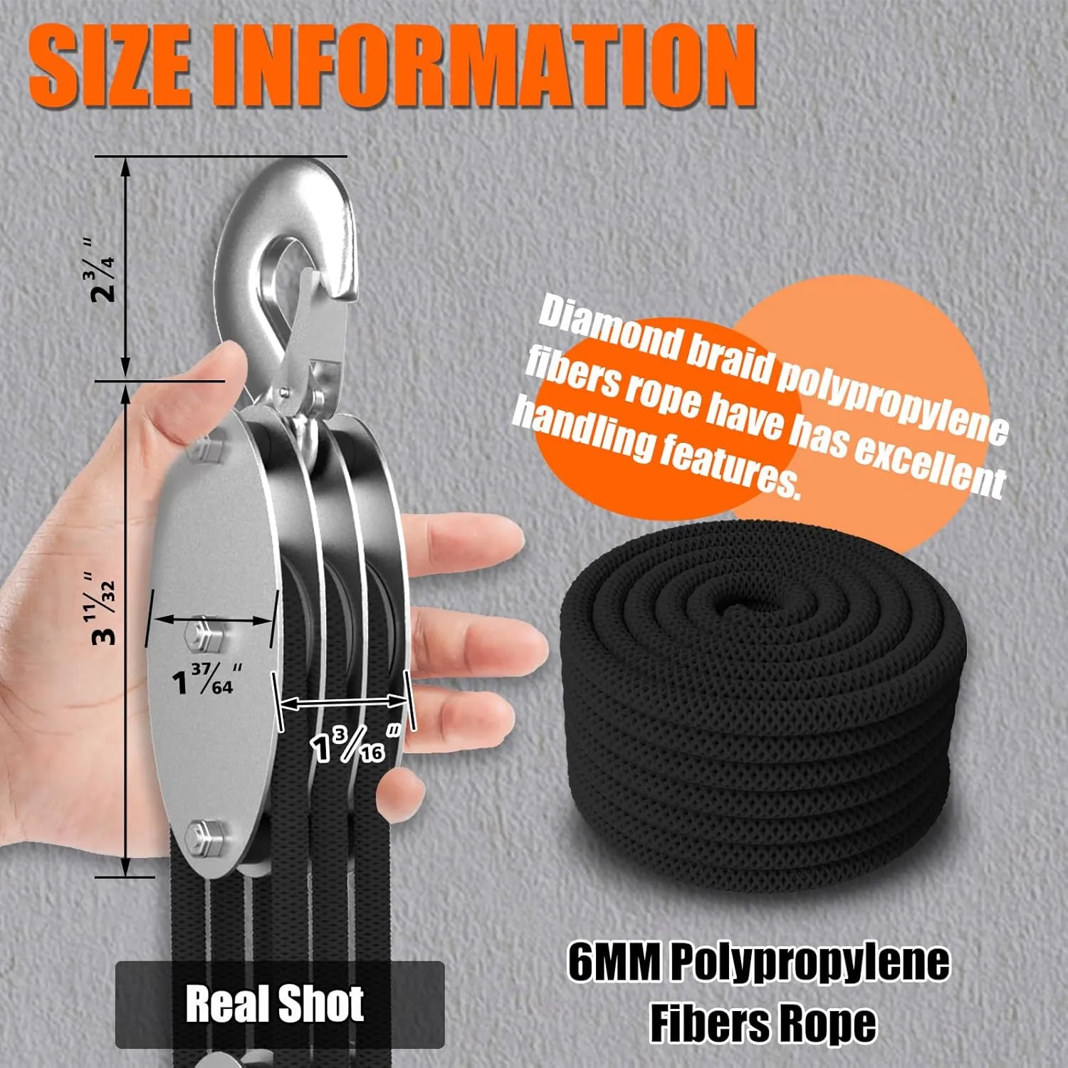 Rope Hoist Pulley System with Metal Bearing, 2200LBS Pulley Block and Tackle, 6:1 Lifting Power 50ft, Heavy Duty Pulley Block for Hunting Lifting Garage Warehouses Building Gift (Black)