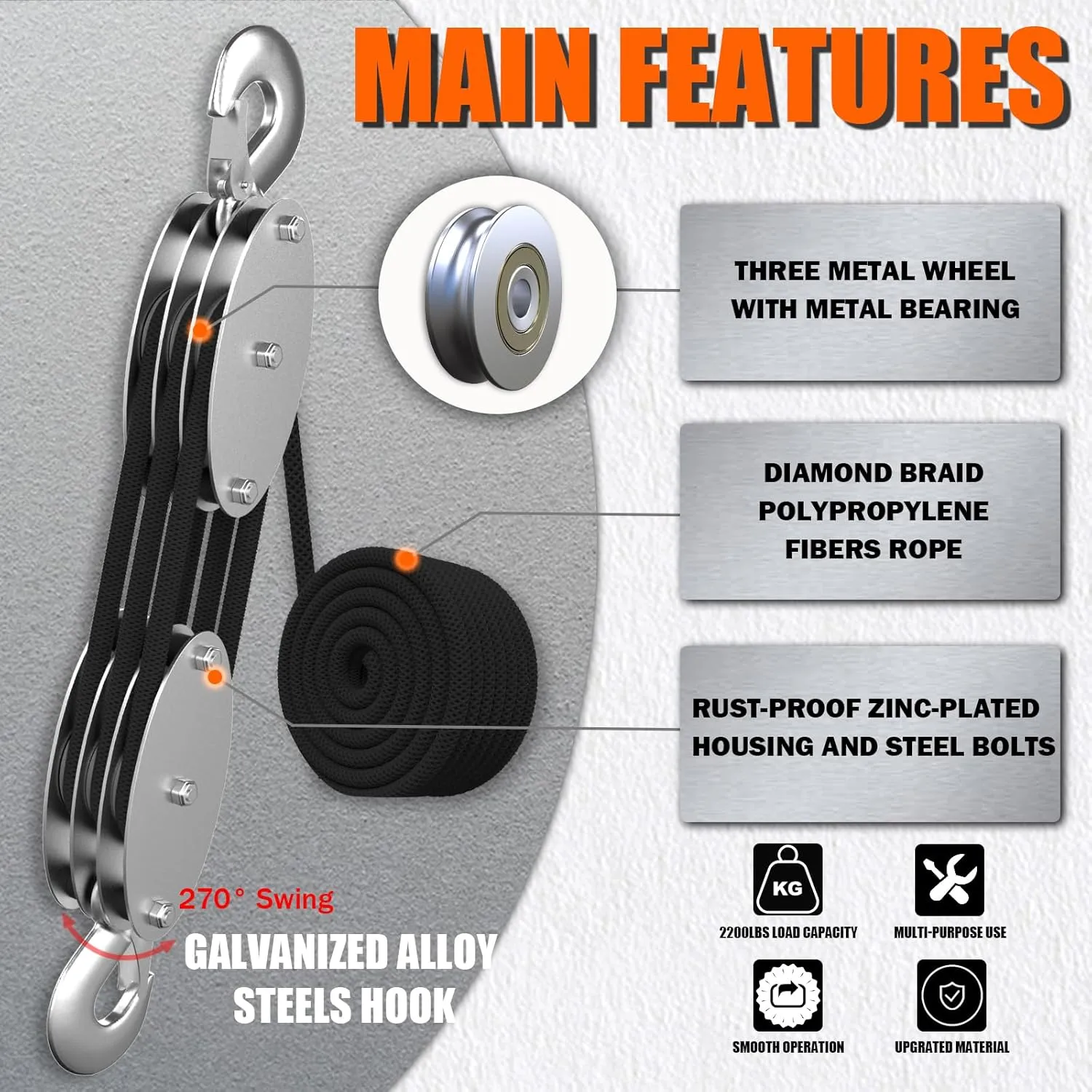 Rope Hoist Pulley System with Metal Bearing, 2200LBS Pulley Block and Tackle, 6:1 Lifting Power 50ft, Heavy Duty Pulley Block for Hunting Lifting Garage Warehouses Building Gift (Black)