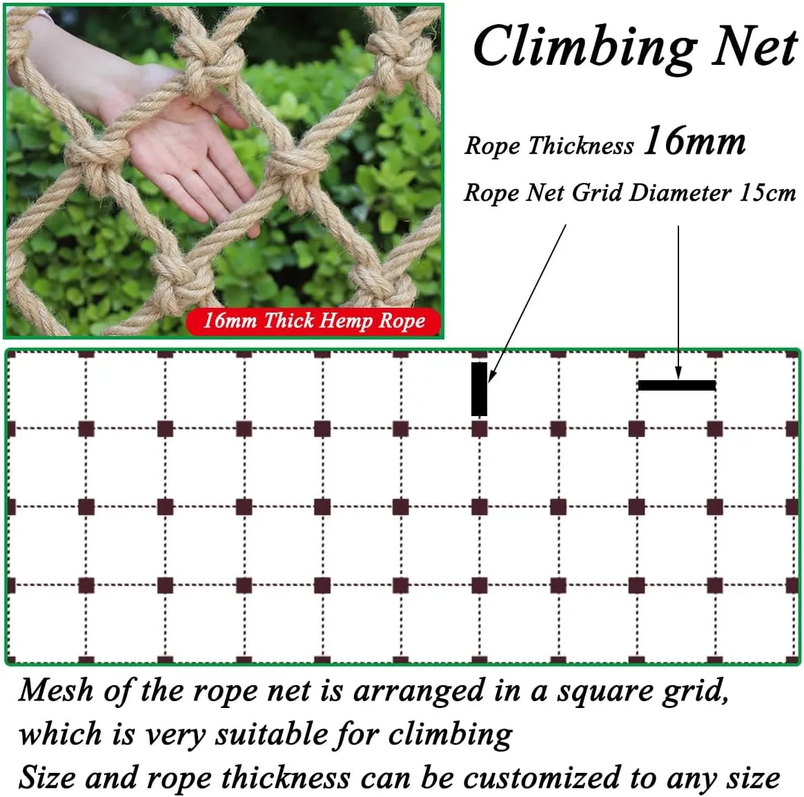 Rope Net Climbing Net,16mm Thick Rope Net for Playground Climbing,Tree House Climbing Child Safety Net Rope Ladder Hammock for Outdoor Heavy Duty Cargo Net(Size:1mx3m)