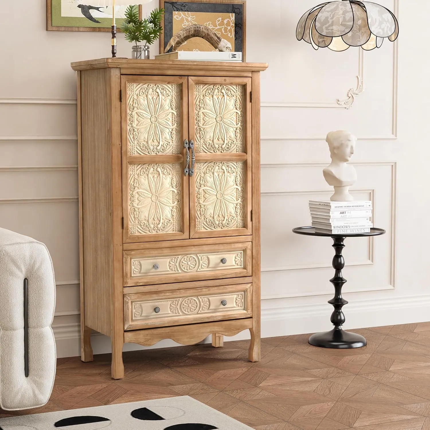 RoyalCraft Kitchen Pantry Cabinet, Tall Solid Wood Kitchen Storage Cabinets with 2 Doors and 2 Drawers, Freestanding Hutch Cupboard for Dining Room, Living Room, Home Office, Provence Grain