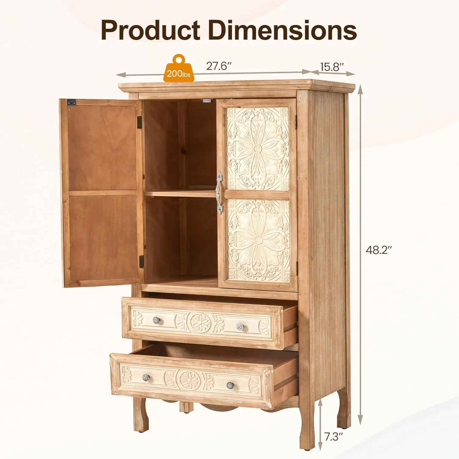 RoyalCraft Kitchen Pantry Cabinet, Tall Solid Wood Kitchen Storage Cabinets with 2 Doors and 2 Drawers, Freestanding Hutch Cupboard for Dining Room, Living Room, Home Office, Provence Grain