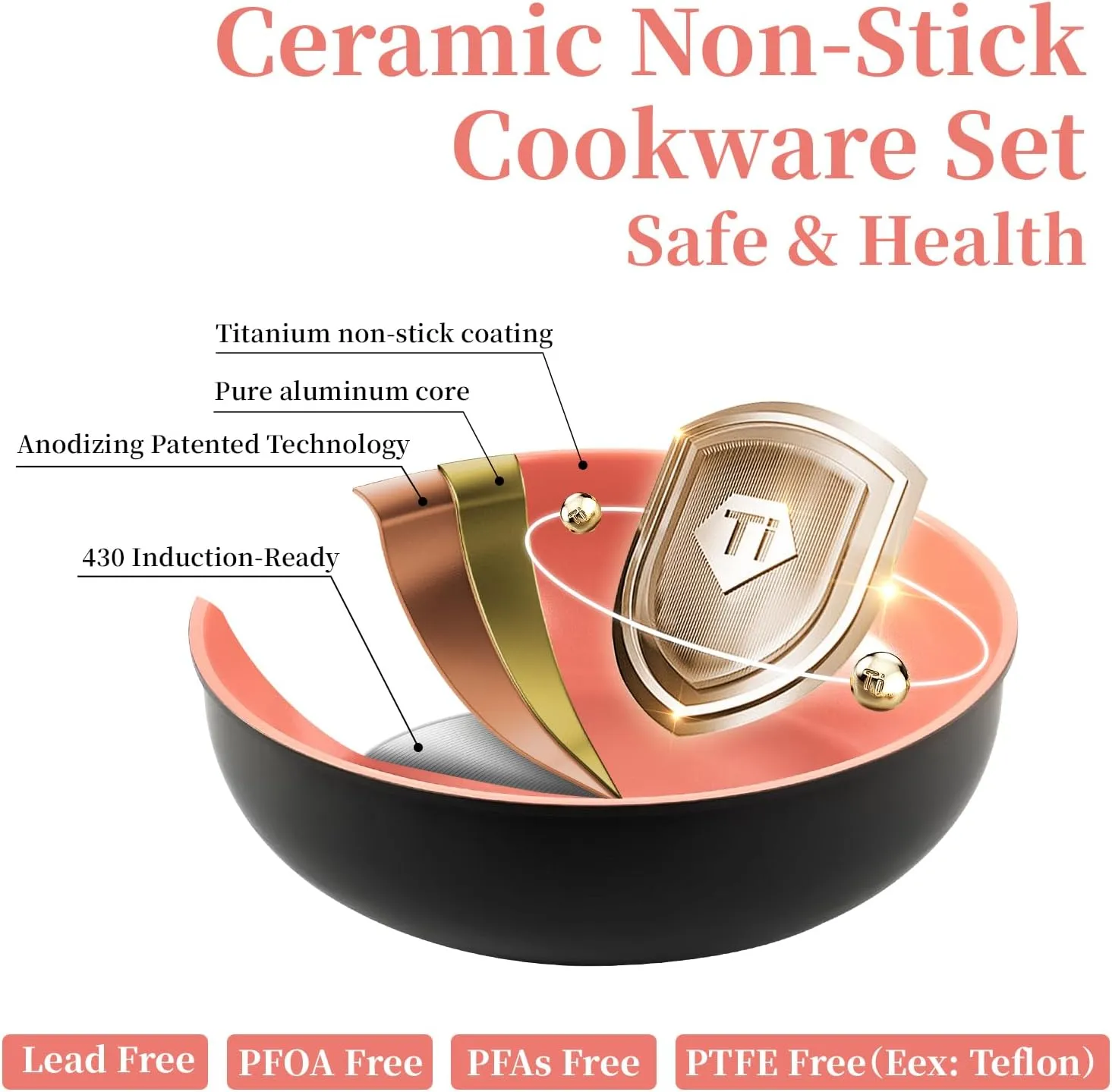 ROYDX Nonstick Pots and Pans Set Titanium Ceramics Cookware Set Pots and Pans with Removable Handles for RV Kitchen, Oven & Dishwasher Safe, Induction Compatible, PFOA Free,Soft Peach