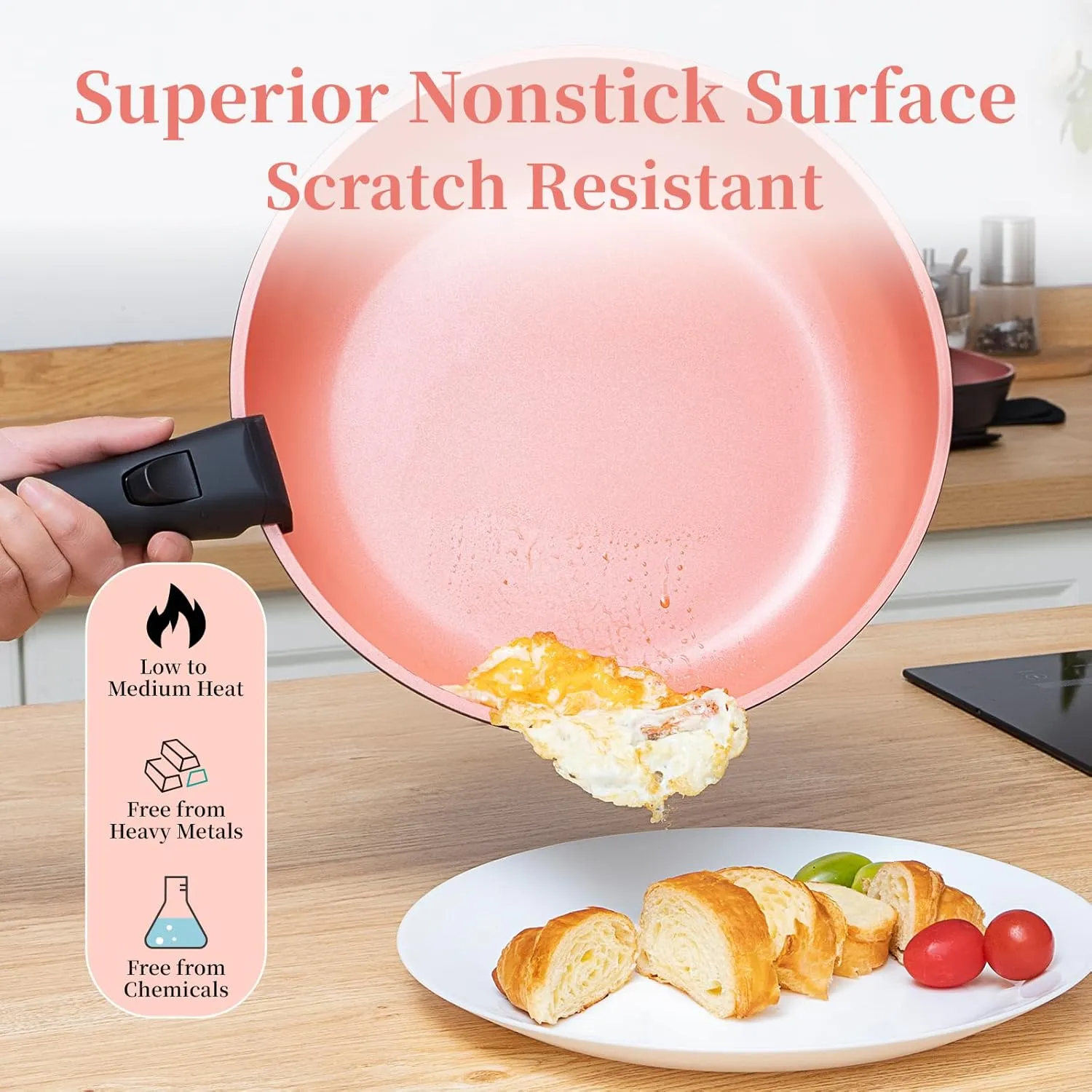 ROYDX Nonstick Pots and Pans Set Titanium Ceramics Cookware Set Pots and Pans with Removable Handles for RV Kitchen, Oven & Dishwasher Safe, Induction Compatible, PFOA Free,Soft Peach