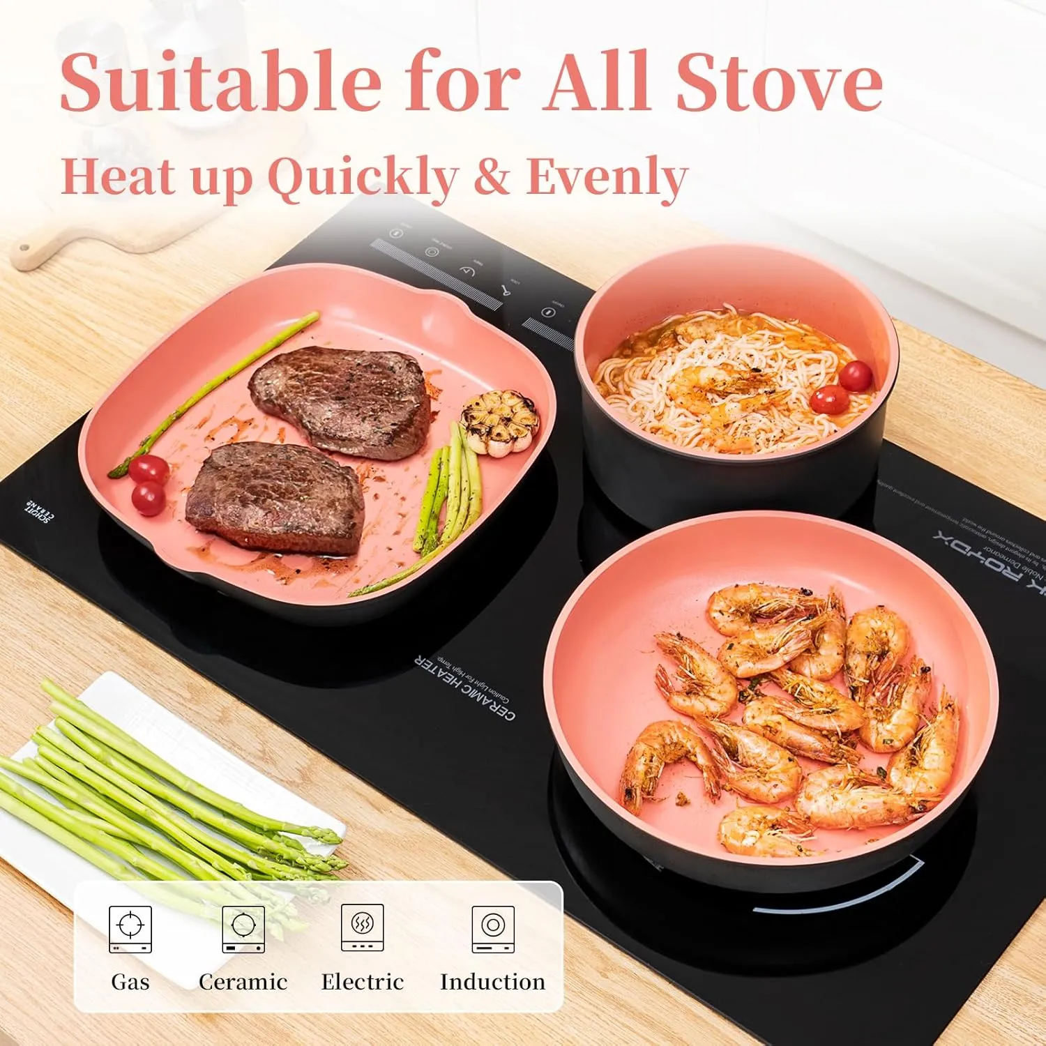 ROYDX Nonstick Pots and Pans Set Titanium Ceramics Cookware Set Pots and Pans with Removable Handles for RV Kitchen, Oven & Dishwasher Safe, Induction Compatible, PFOA Free,Soft Peach