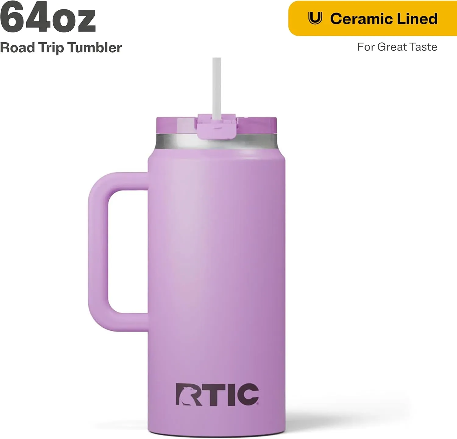 RTIC 64 oz Ceramic Lined Insulated Road Trip Tumbler, Leak-Resistant Lid, White