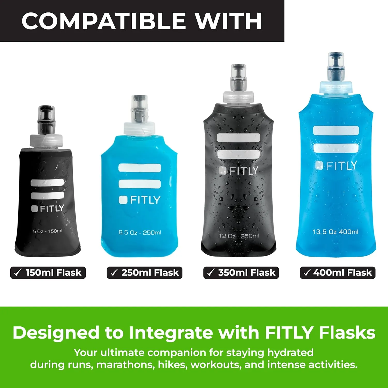 Running Handheld Water Bottle 10 oz Soft Flask - Hand Water Bottle For Runners, Hiking, Skiing & Outdoor Activity - Fits F3LG (300ml) Collapsible Flask - Hydration Holder with Pocket - Green