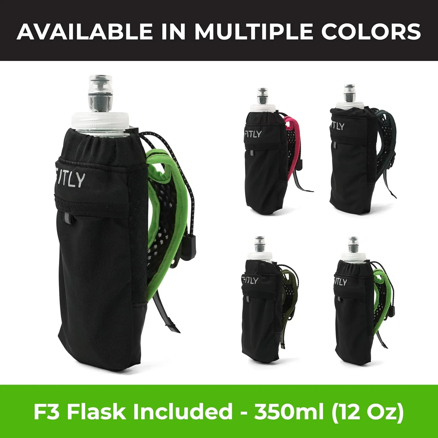 Running Handheld Water Bottle 10 oz Soft Flask - Hand Water Bottle For Runners, Hiking, Skiing & Outdoor Activity - Fits F3LG (300ml) Collapsible Flask - Hydration Holder with Pocket - Green