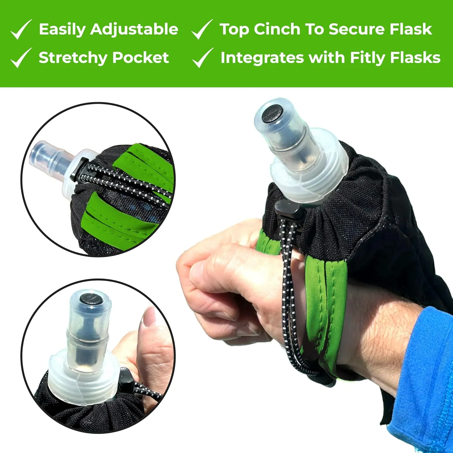 Running Handheld Water Bottle 10 oz Soft Flask - Hand Water Bottle For Runners, Hiking, Skiing & Outdoor Activity - Fits F3LG (300ml) Collapsible Flask - Hydration Holder with Pocket - Green