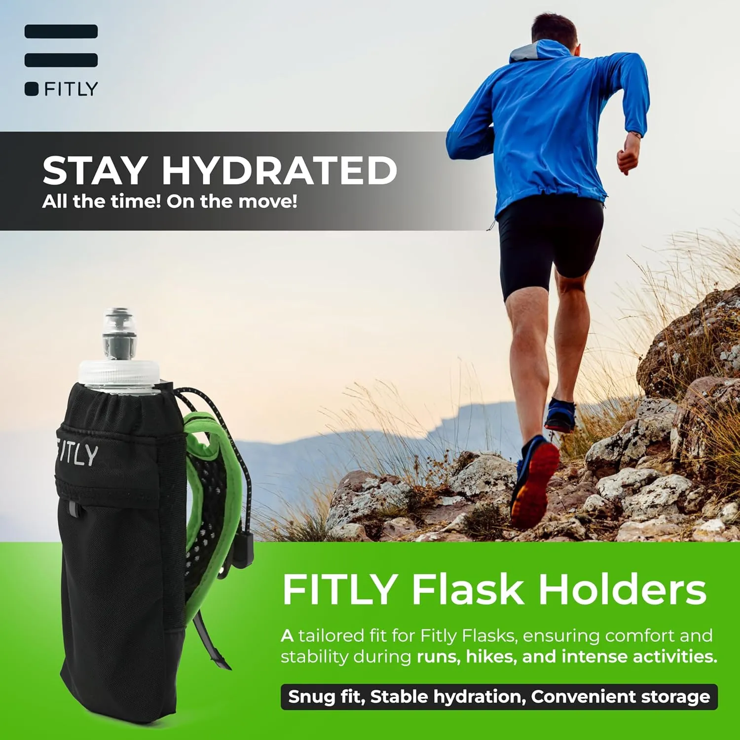 Running Handheld Water Bottle 10 oz Soft Flask - Hand Water Bottle For Runners, Hiking, Skiing & Outdoor Activity - Fits F3LG (300ml) Collapsible Flask - Hydration Holder with Pocket - Green