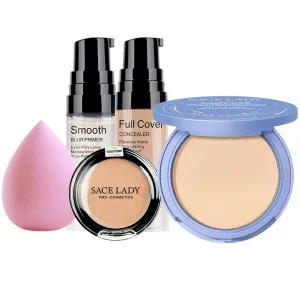 SACE LADY Face Setting Powder & Full Cover Foundation Concealer & Smooth Primer & Sponge, Waterproof Last Poreless Blurring Undereye Makeup Set 5Pcs