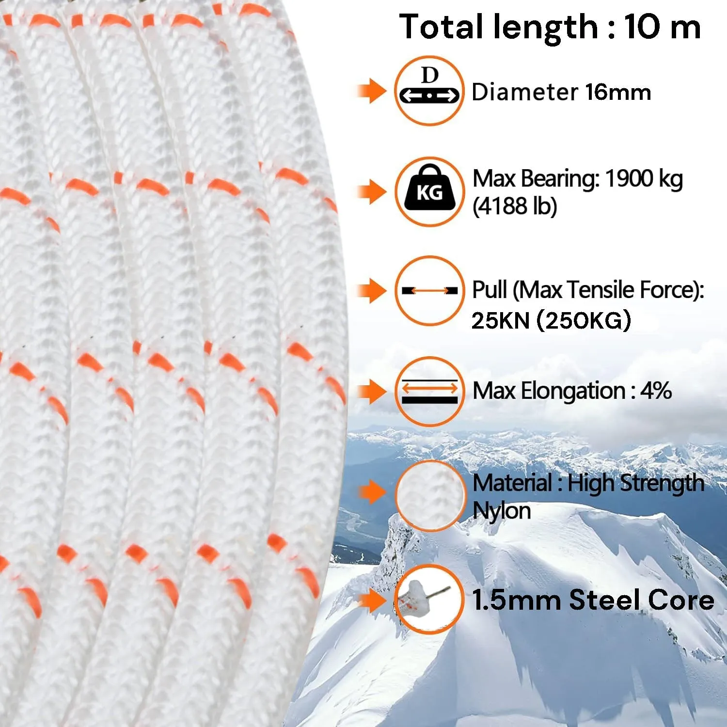 Safety Climbing Rope 16mm 10m Nylon Static Rock Outdoor Boat Anchor Marine Dock