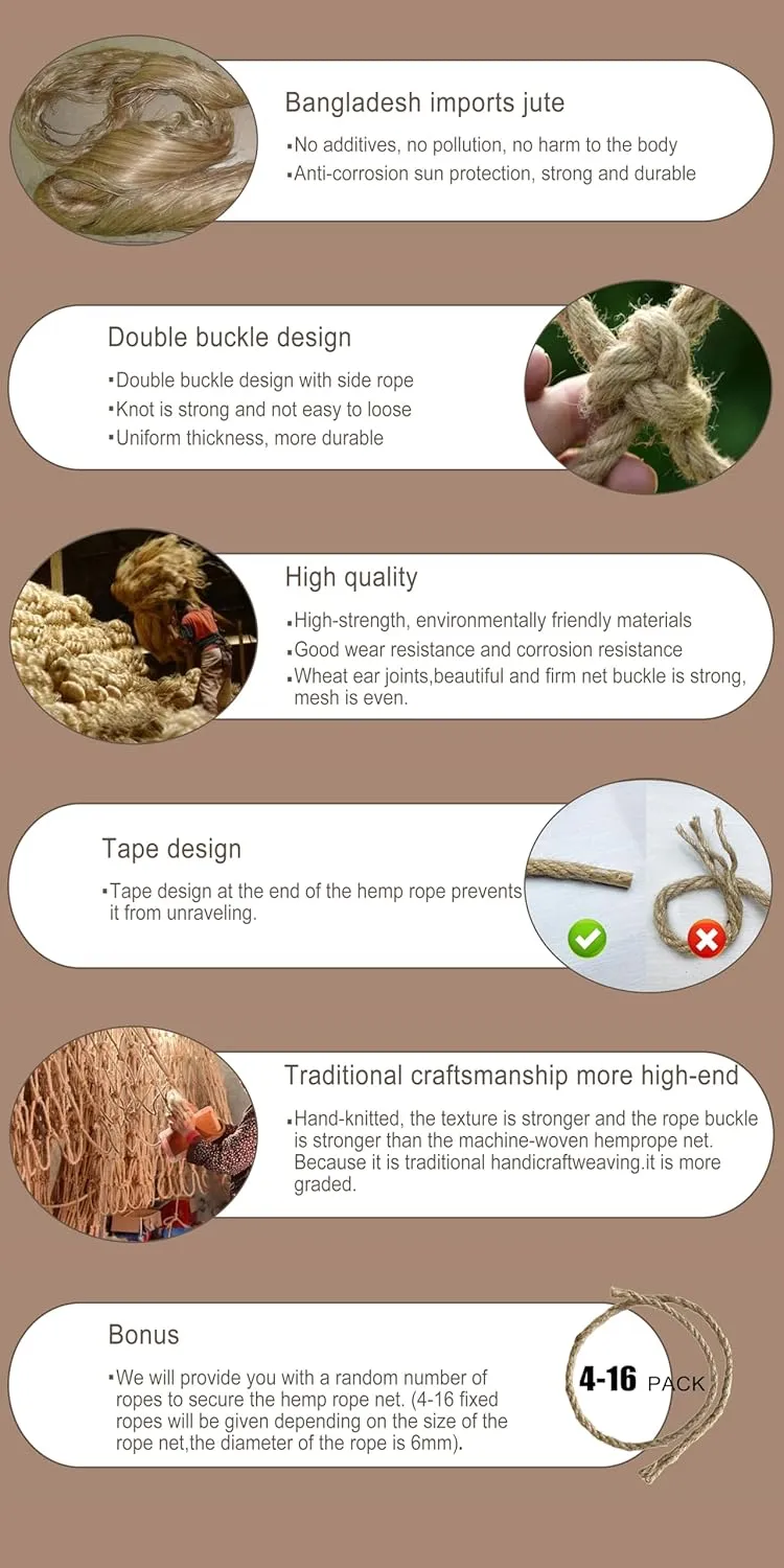 Safety Hemp Rope Net Kids Climbing Safety Net Tree House Climbing Children Rope Neting Balcony Stairs Fence Railing Garden Playground Protection Heavy Duty Net Indoor & Outdoor Decor Rope Net
