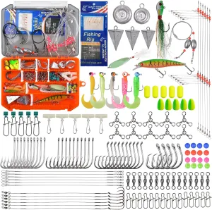 Saltwater Fishing Tackle Kit,160pcs Surf Fishing Gear Set Saltwater Lures Bucktail Jigs Fishing Bait Rigs Pyramid Sinkers Leaders Hooks Swivels Ocean Beach Fishing Accessories with Tackle Box