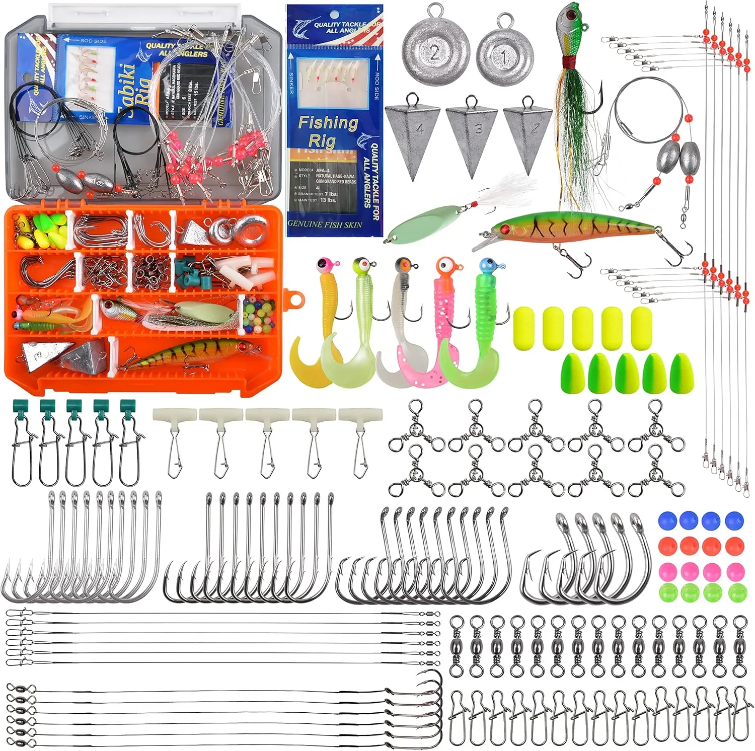 Saltwater Fishing Tackle Kit,160pcs Surf Fishing Gear Set Saltwater Lures Bucktail Jigs Fishing Bait Rigs Pyramid Sinkers Leaders Hooks Swivels Ocean Beach Fishing Accessories with Tackle Box
