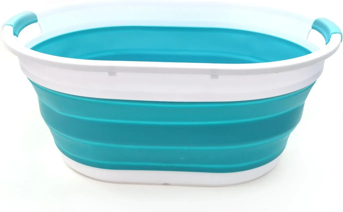 SAMMART Set of 2-39L(10.3 gallon) Collapsible Plastic Laundry Basket-Pop Up Storage Container-Portable Washing Tub-Space Saving Hamper/Basket, Water capacity:30L(7.9 gallon) (2 Oval, Bright Blue)