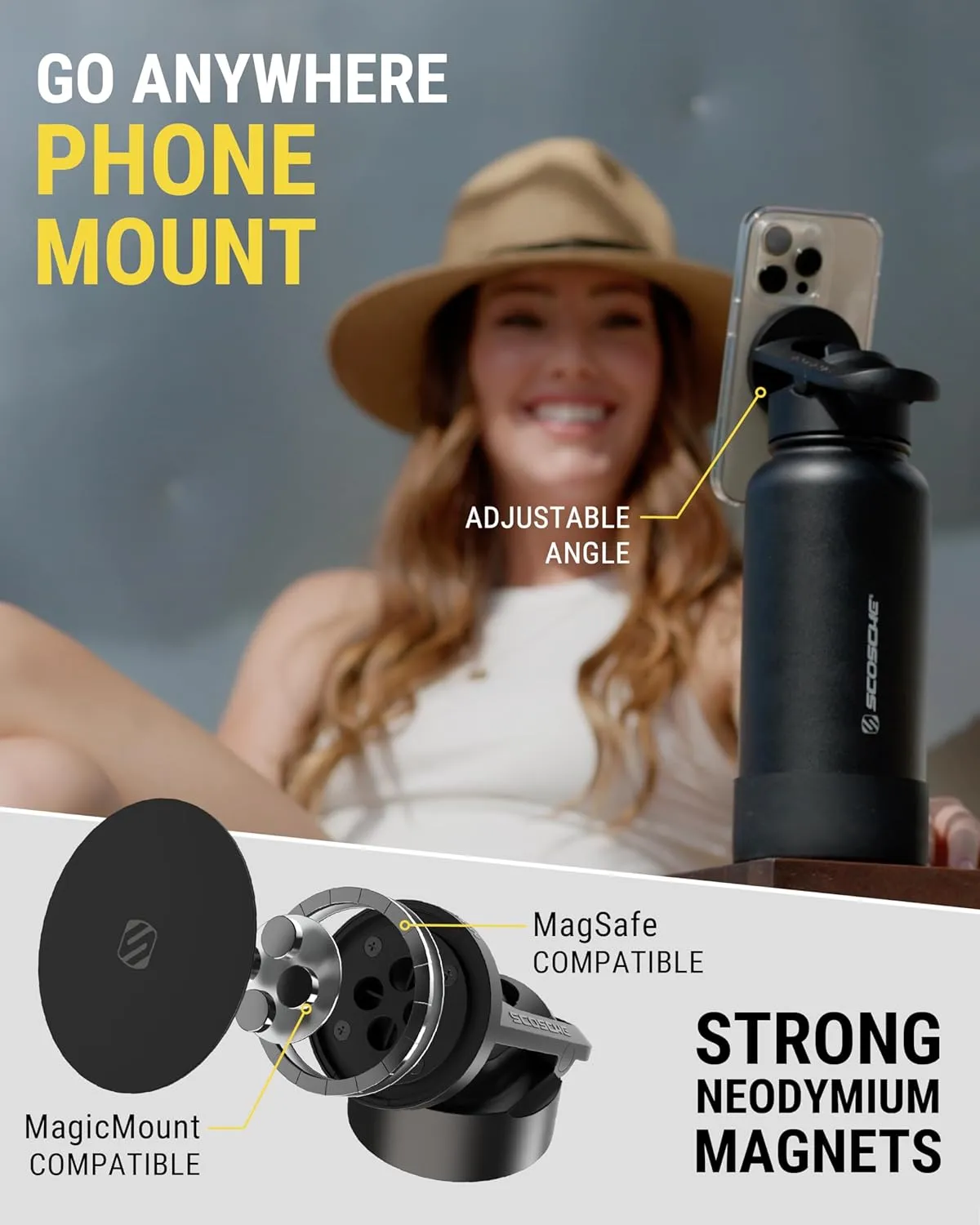 Scosche MFMS22 MagicMount Flask 22 oz Stainless Steel Water Bottle with MagSafe Phone Mount Stand, 12H Hot & 24H Cold Insulated Flask with Magnetic Phone Holder for Gym, Car,Travel, Sports 22oz White