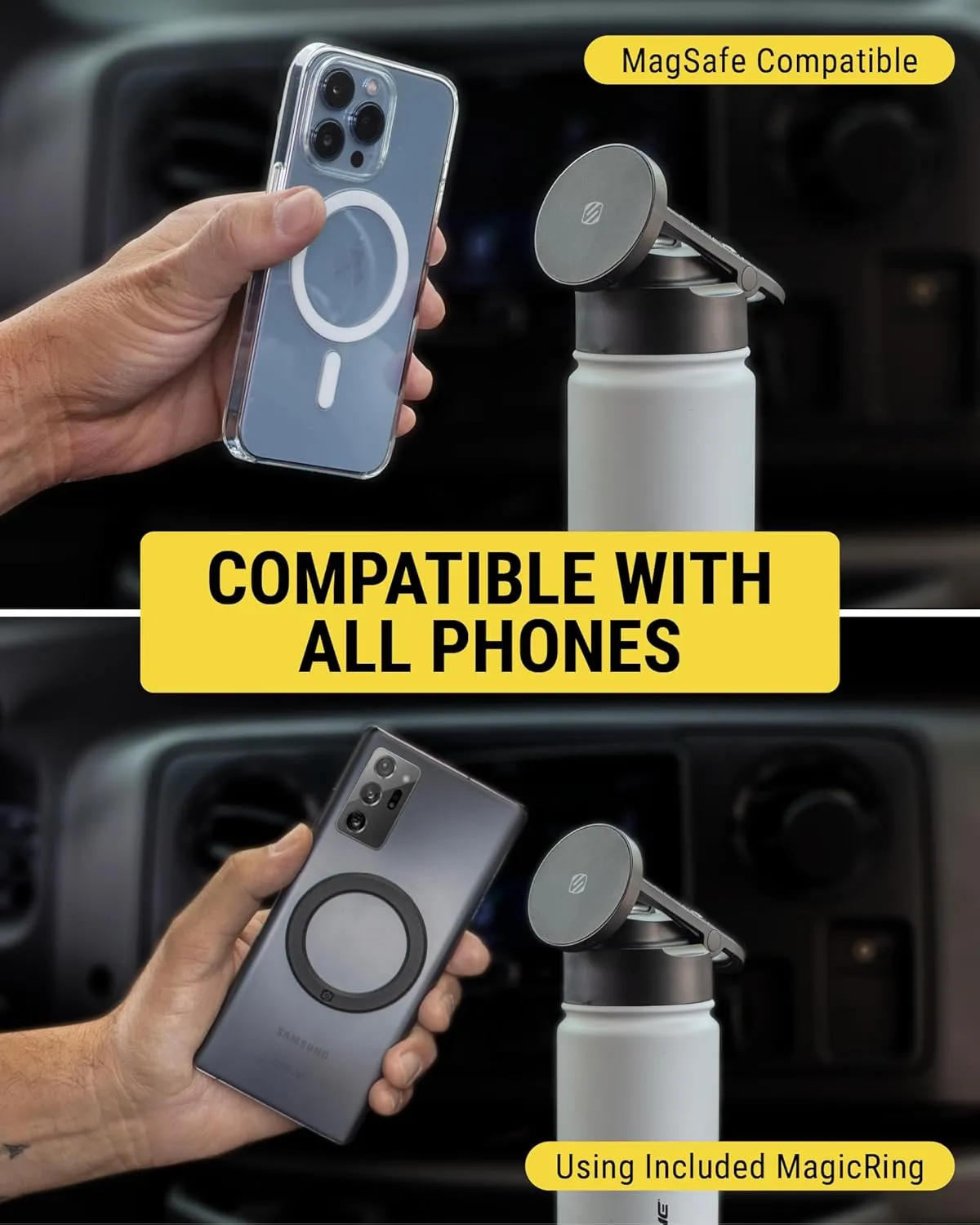 Scosche MFMS22 MagicMount Flask 22 oz Stainless Steel Water Bottle with MagSafe Phone Mount Stand, 12H Hot & 24H Cold Insulated Flask with Magnetic Phone Holder for Gym, Car,Travel, Sports 22oz White