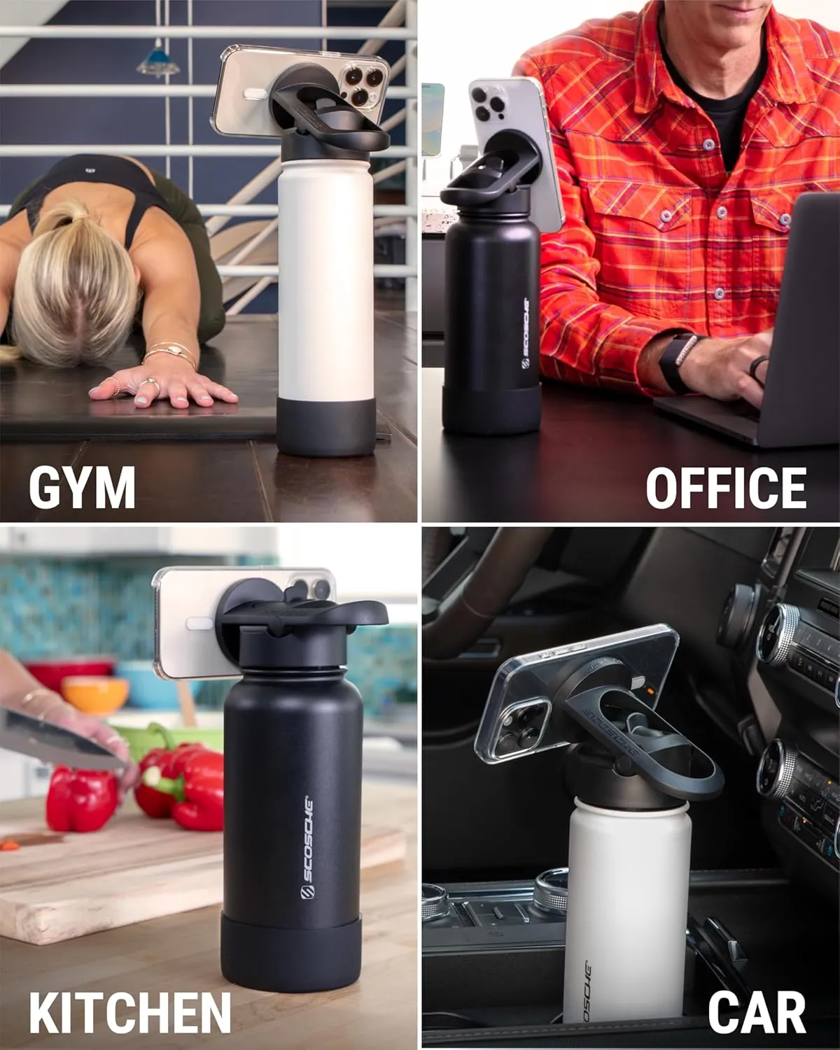 Scosche MFMS22 MagicMount Flask 22 oz Stainless Steel Water Bottle with MagSafe Phone Mount Stand, 12H Hot & 24H Cold Insulated Flask with Magnetic Phone Holder for Gym, Car,Travel, Sports 22oz White