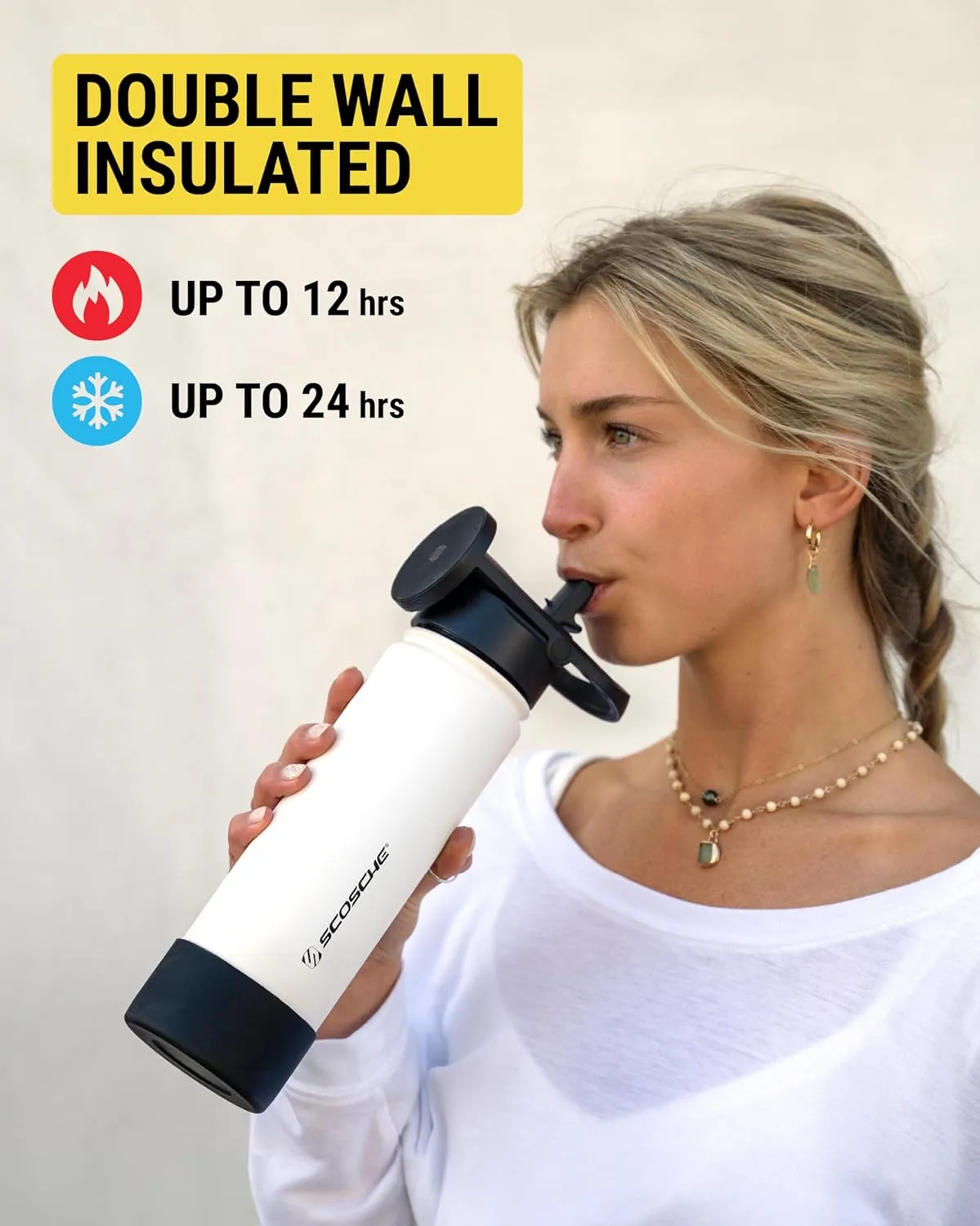 Scosche MFMS22 MagicMount Flask 22 oz Stainless Steel Water Bottle with MagSafe Phone Mount Stand, 12H Hot & 24H Cold Insulated Flask with Magnetic Phone Holder for Gym, Car,Travel, Sports 22oz White