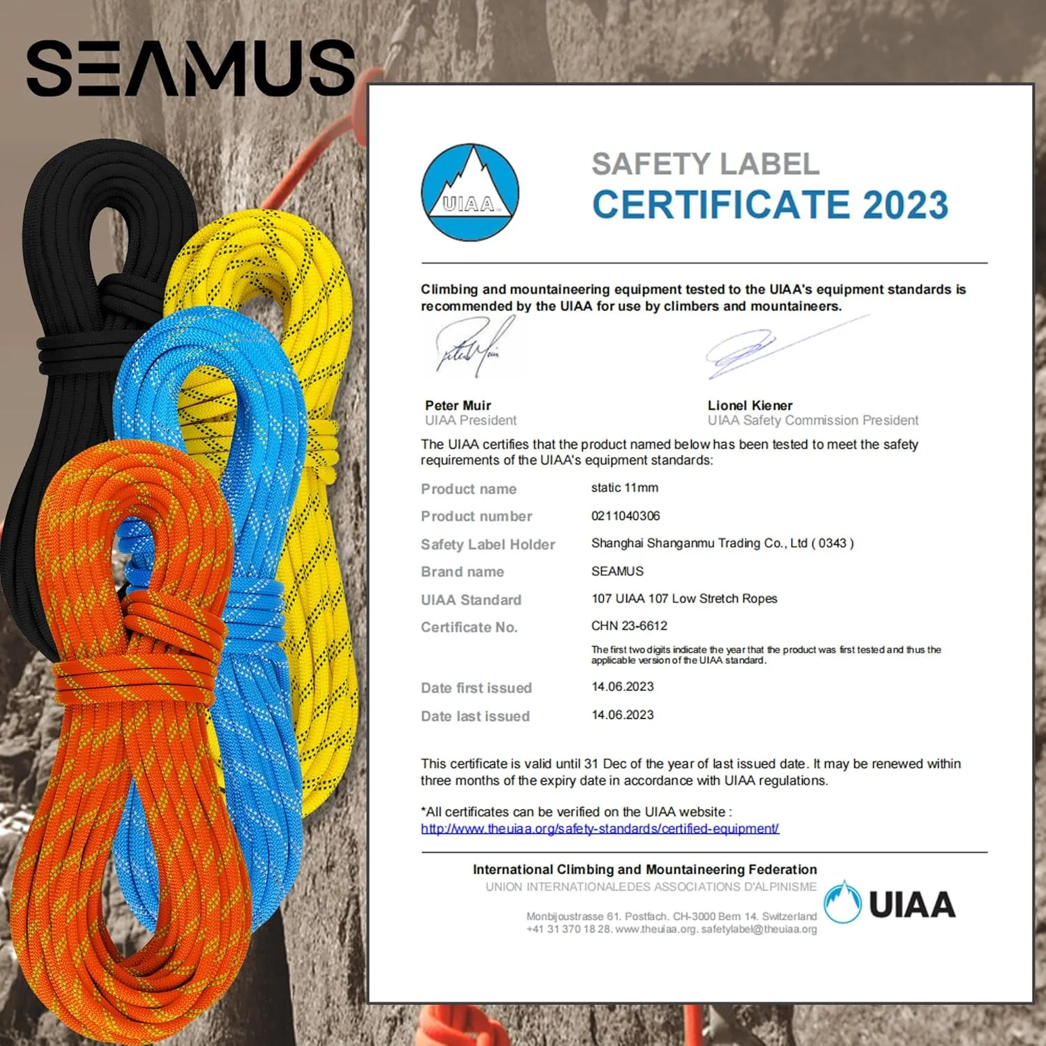 SEAMUS Static Rope 11mm UIAA Rappelling Rope 45M (150ft) Static Line Nylon Kern Mantle Rope for Rock Climbing, Mountain Tree Climbing, Hauling, Rescue