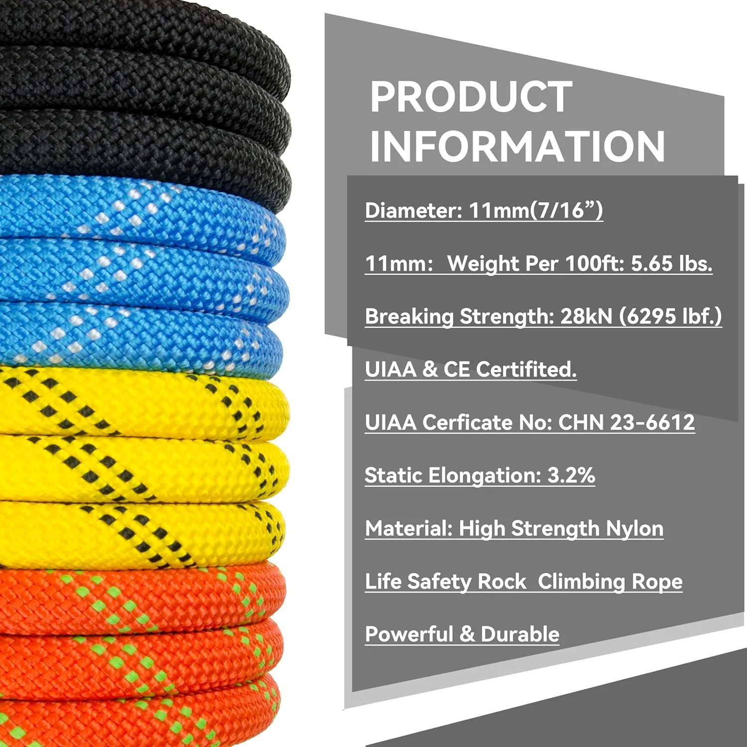 SEAMUS Static Rope 11mm UIAA Rappelling Rope 45M (150ft) Static Line Nylon Kern Mantle Rope for Rock Climbing, Mountain Tree Climbing, Hauling, Rescue