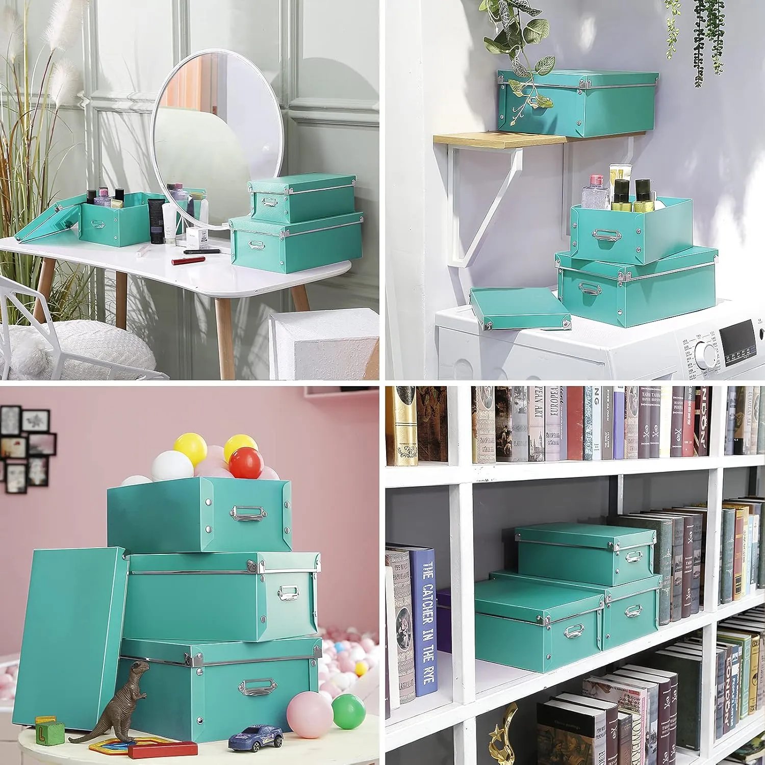 SEEKIND Storage Bins with lids, Water-Proof Storage Box Sets with Handles,Multiple Sizes Foldable Plastic Storage Organizer for Clothes,Cosmetic,Photos(Cyan) …
