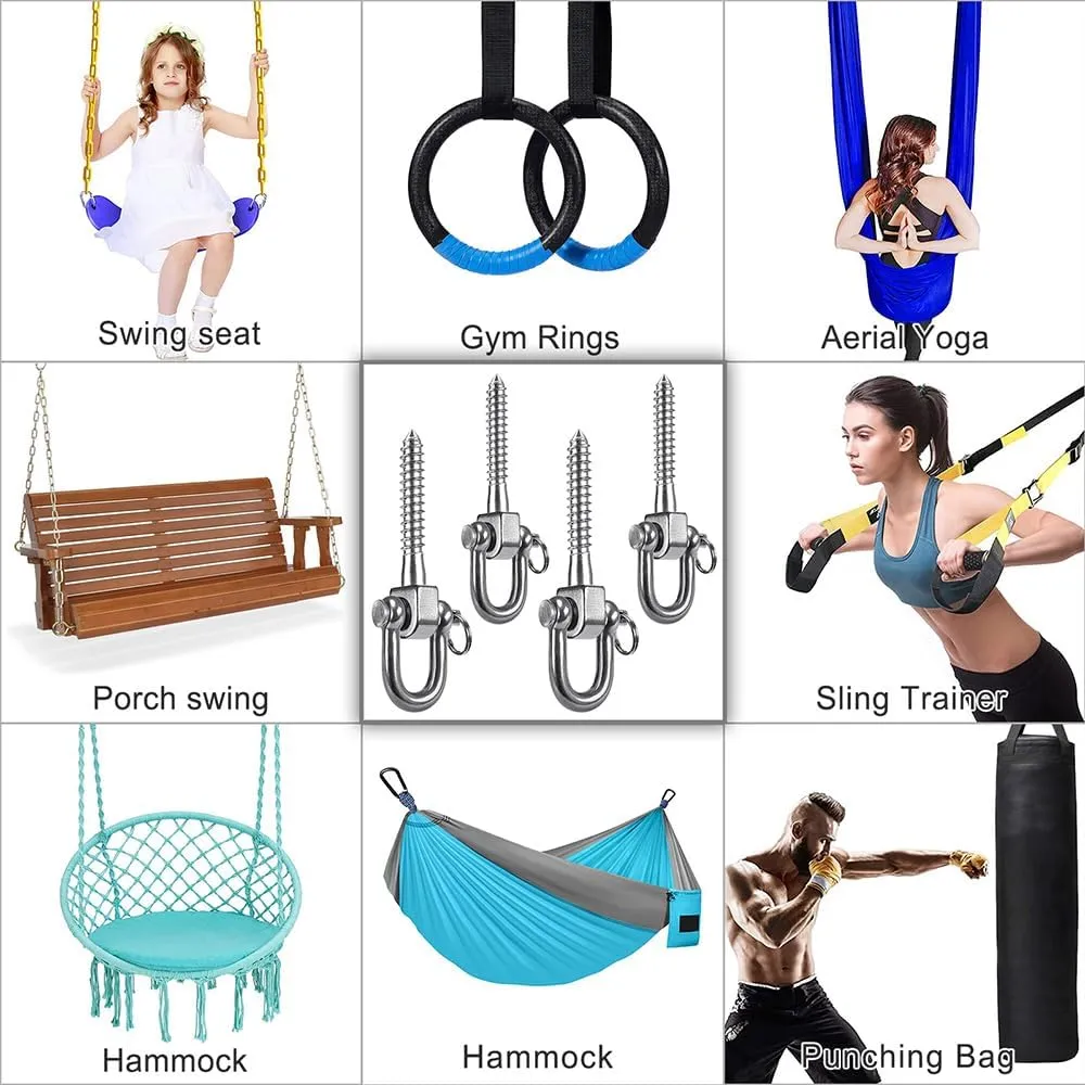 SELEWARE 4 Pack Swing Hangers Swing Set Hooks Stainless Steel Hammock Hooks for Porch Swing, Hammock Chair, Heavy Bag, Yoga Silk, Suspension Straps, Gymnastics Rings