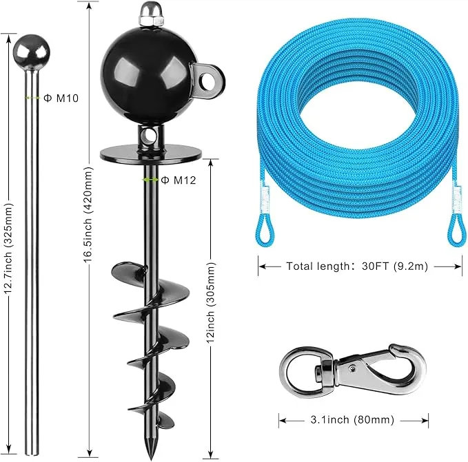 SELEWARE Dog Tie Out Stake Outdoor Anti-Rust Dog Anchor for Large Dogs up to 220 lbs Tie Out Rope Dog Leash 30 ft Long