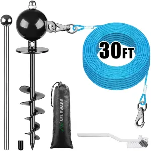 SELEWARE Dog Tie Out Stake Outdoor Anti-Rust Dog Anchor for Large Dogs up to 220 lbs Tie Out Rope Dog Leash 30 ft Long