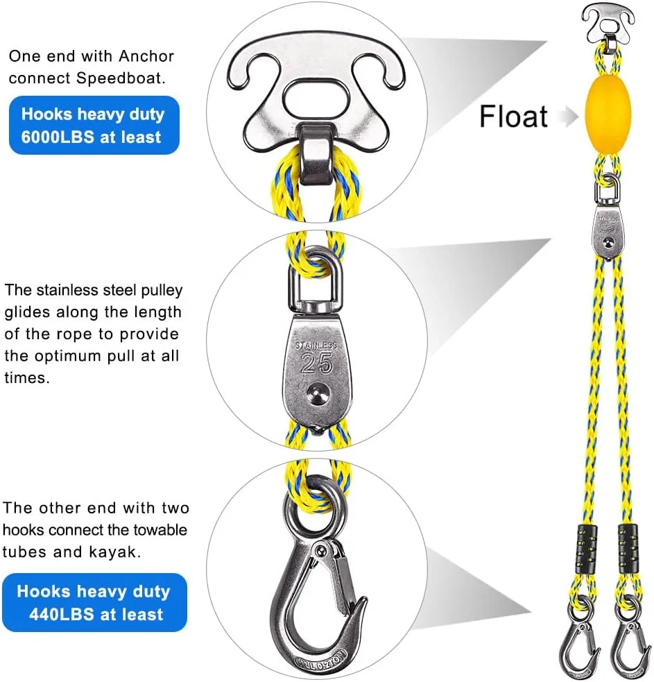 SELEWARE Heavy Duty Boat Tow Harness for Tubing, Boat Tow Rope with Stainless Steel Quick Connector, Heavy Duty Self Centering Tow Harness for Boat Water Sport Jet Ski Wakeboarding