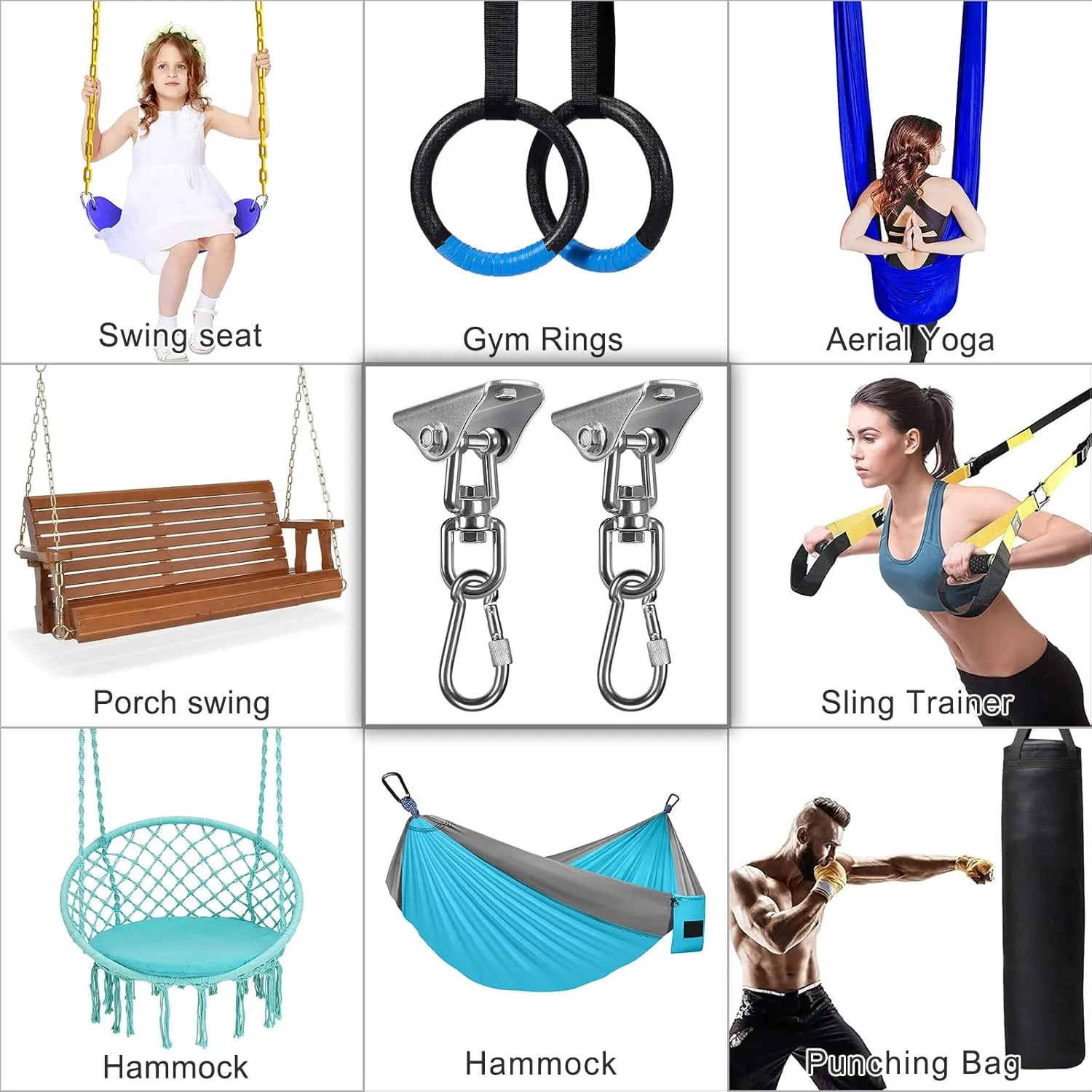 SELEWARE Swing Hangers Stainless Steel Swing Hooks Swivel Swing Mount Hardware w/Carabiners for Porch Swing Sets Hammock Chair Heavy Bag Yoga Silk Suspension Straps 1000 LB Capacity Each 2 Pack