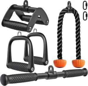 SELEWARE Triceps LAT Pulldown Attachments Home Gym Workout Accessories with Non-Slip Soft Rubber Grip Cable Machine Attachments Triceps Rope Double D Row Handle Pull Down Bar Straight Bar Exercise
