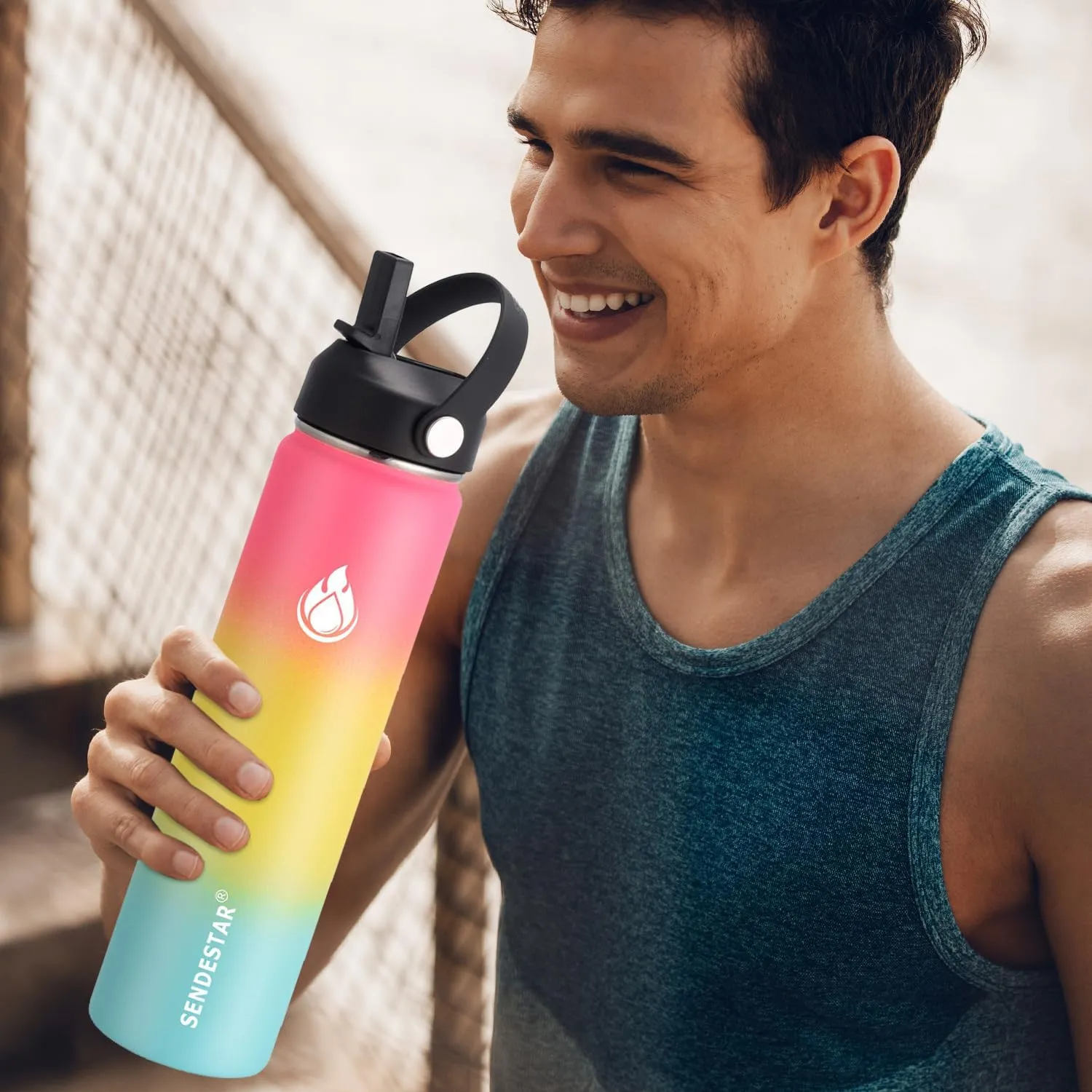 SENDESTAR Water Bottle 24oz Double Wall Vacuum Insulated Leak Proof Stainless Steel Sports Water Bottle—Wide Mouth with New Flex Straw Lid & Spout Lid (Sobert)