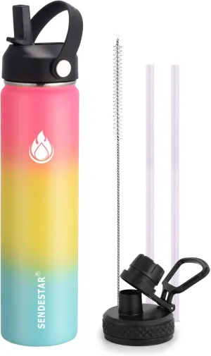 SENDESTAR Water Bottle 24oz Double Wall Vacuum Insulated Leak Proof Stainless Steel Sports Water Bottle—Wide Mouth with New Flex Straw Lid & Spout Lid (Sobert)