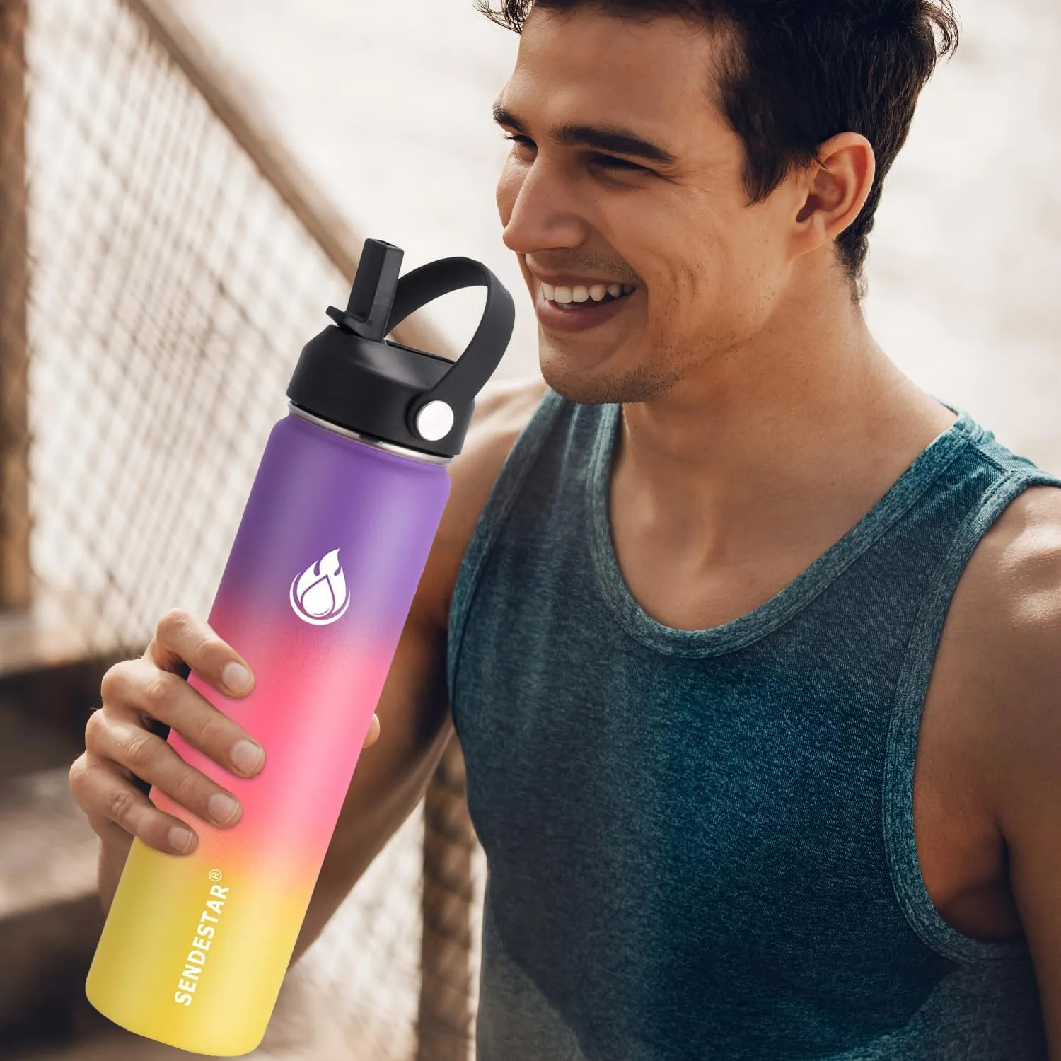 SENDESTAR Water Bottle 40oz Double Wall Vacuum Insulated Leak Proof Stainless Steel Sports Water Bottle—Wide Mouth with New Flex Straw Lid & Spout Lid (Havana)