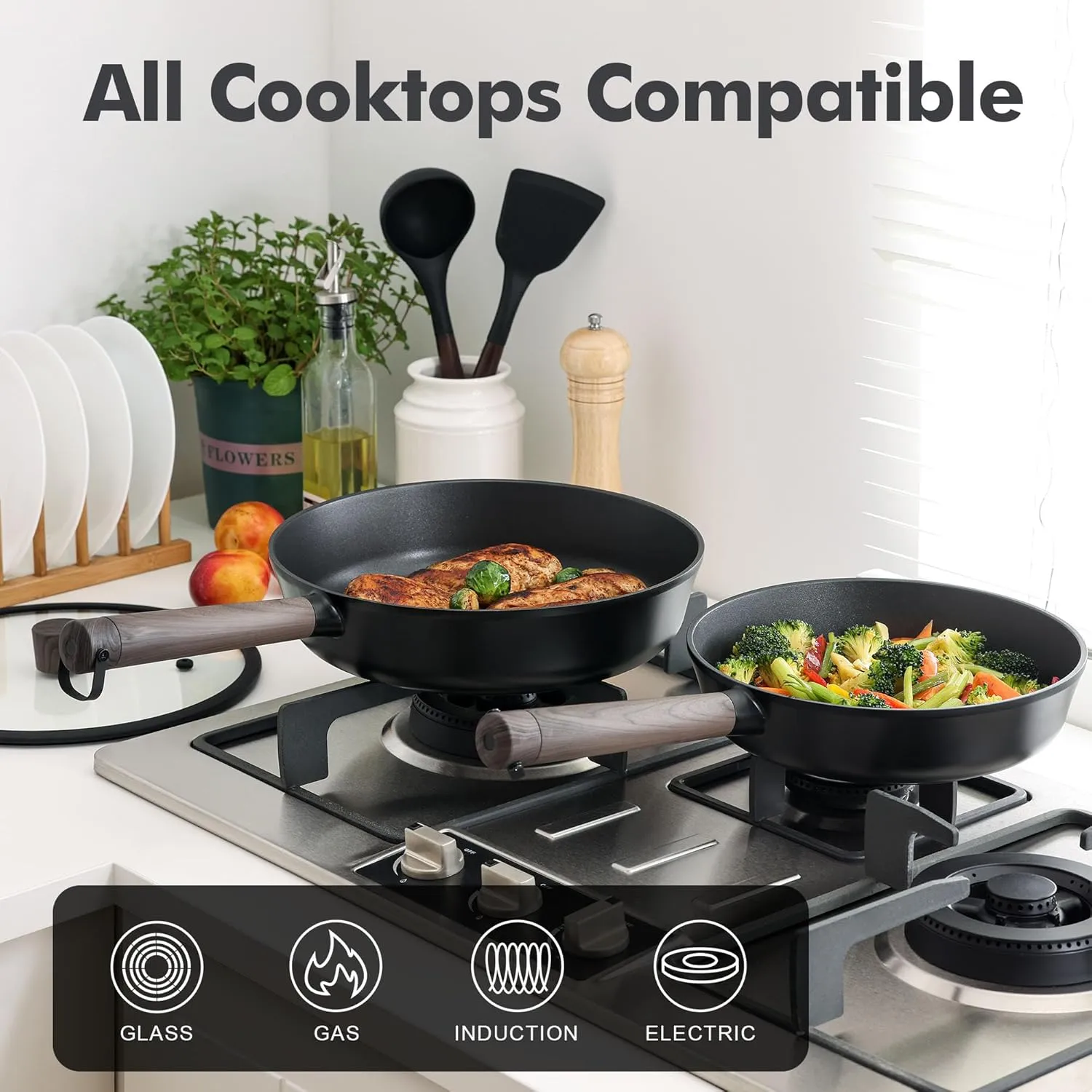 SENSARTE Nonstick Cookware Set Pots and Pans Set Kitchen Non-toxic Cooking Set, Dishwasher & Oven Safe, Induction Compatible, PFOA/PFOS Free, 15pcs, Black