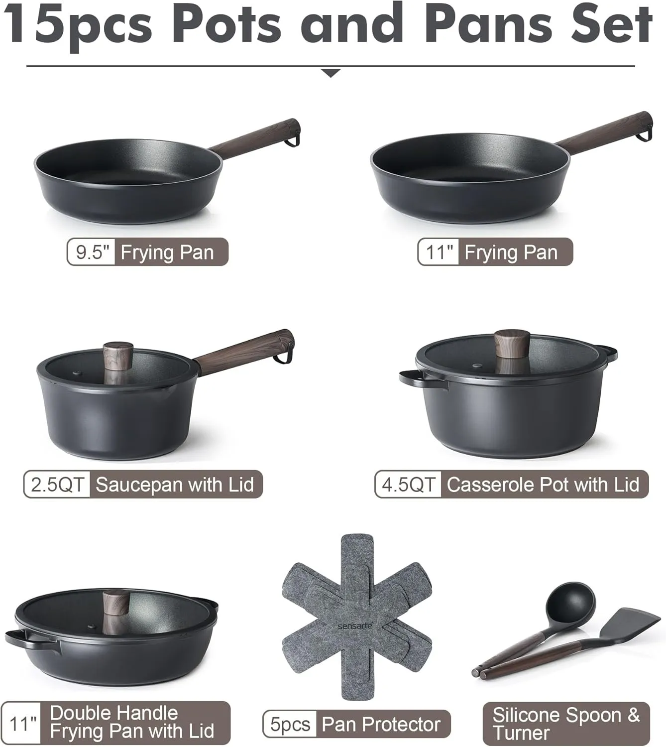 SENSARTE Nonstick Cookware Set Pots and Pans Set Kitchen Non-toxic Cooking Set, Dishwasher & Oven Safe, Induction Compatible, PFOA/PFOS Free, 15pcs, Black