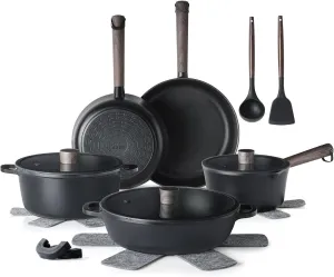 SENSARTE Nonstick Cookware Set Pots and Pans Set Kitchen Non-toxic Cooking Set, Dishwasher & Oven Safe, Induction Compatible, PFOA/PFOS Free, 15pcs, Black