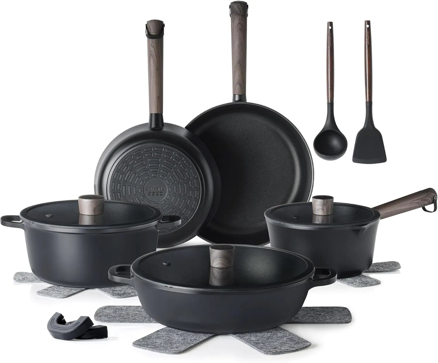 SENSARTE Nonstick Cookware Set Pots and Pans Set Kitchen Non-toxic Cooking Set, Dishwasher & Oven Safe, Induction Compatible, PFOA/PFOS Free, 15pcs, Black