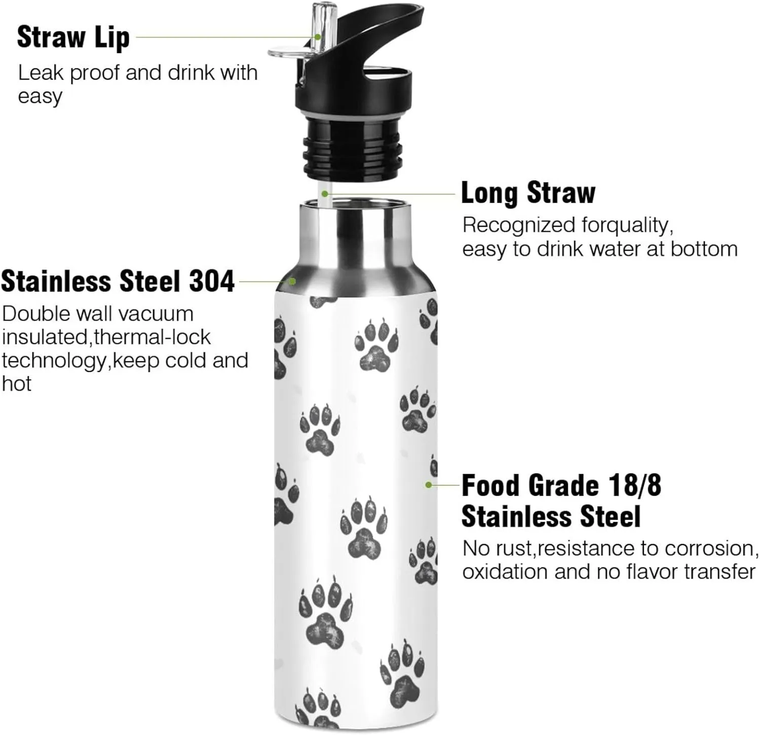 senya 20 Oz Water Bottle with Straw Bear Footprint Stainless Steel Water Bottle for Traveling Sports Leakproof Insulated