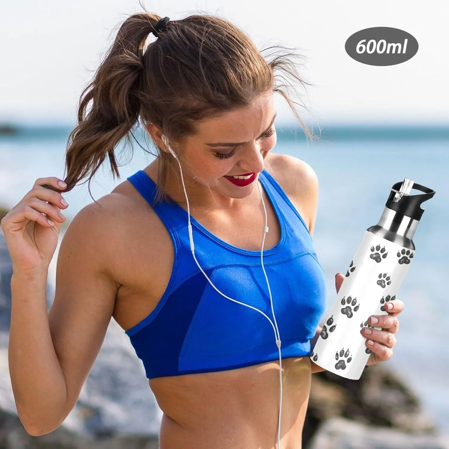 senya 20 Oz Water Bottle with Straw Bear Footprint Stainless Steel Water Bottle for Traveling Sports Leakproof Insulated