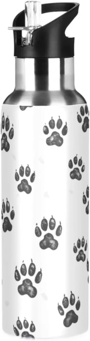 senya 20 Oz Water Bottle with Straw Bear Footprint Stainless Steel Water Bottle for Traveling Sports Leakproof Insulated