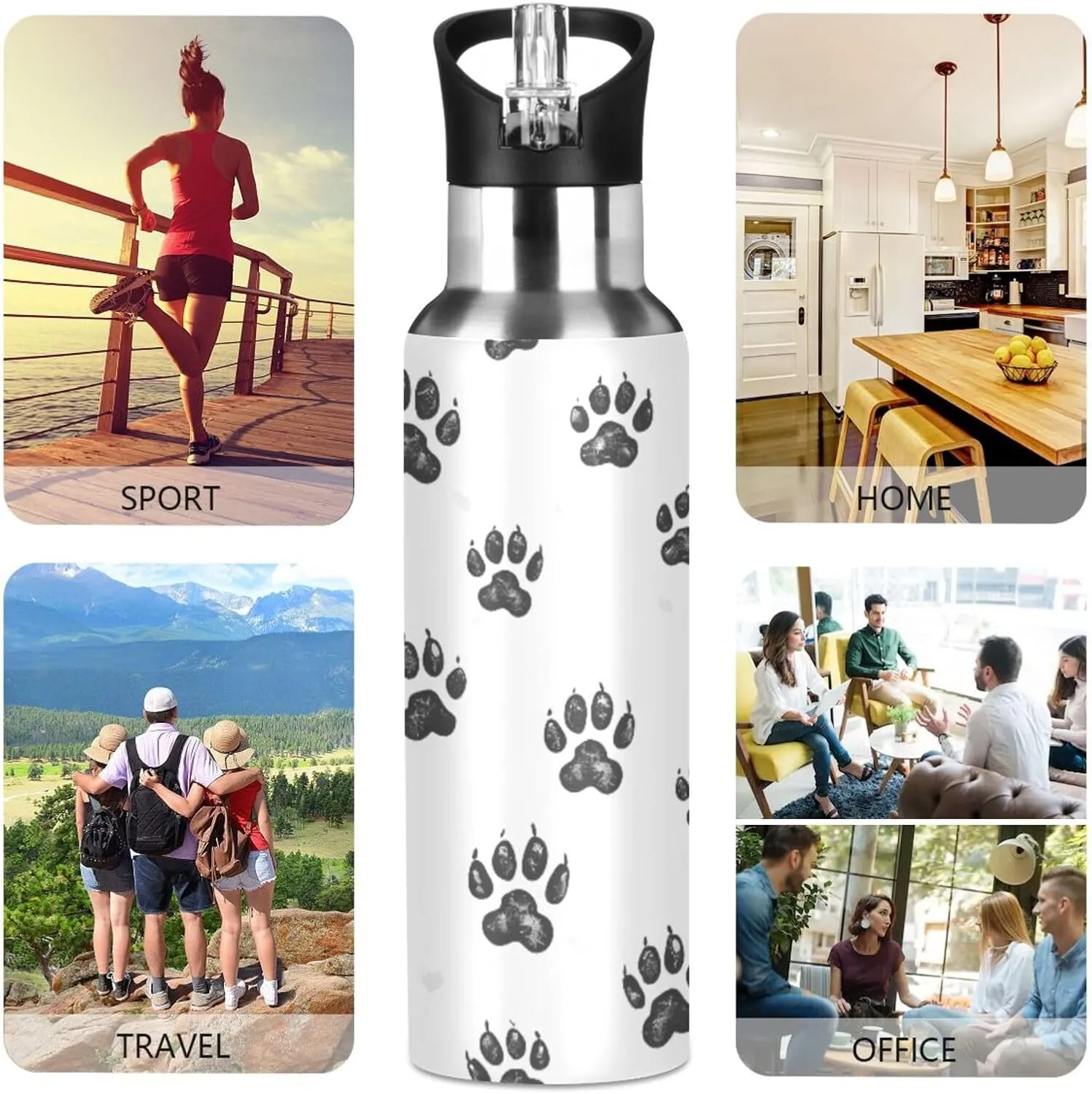 senya 20 Oz Water Bottle with Straw Bear Footprint Stainless Steel Water Bottle for Traveling Sports Leakproof Insulated