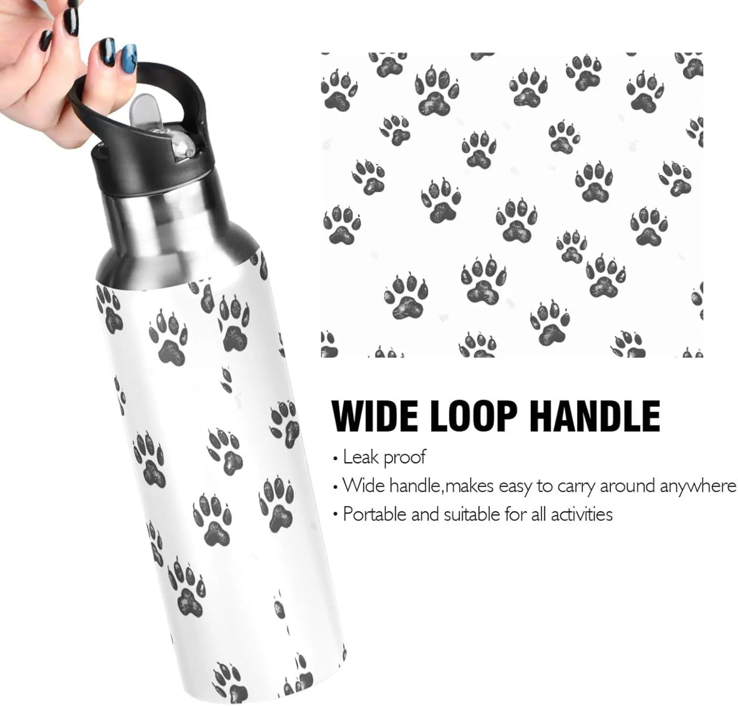 senya 20 Oz Water Bottle with Straw Bear Footprint Stainless Steel Water Bottle for Traveling Sports Leakproof Insulated