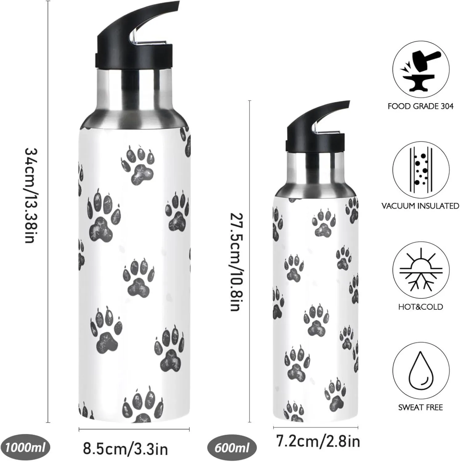 senya 20 Oz Water Bottle with Straw Bear Footprint Stainless Steel Water Bottle for Traveling Sports Leakproof Insulated