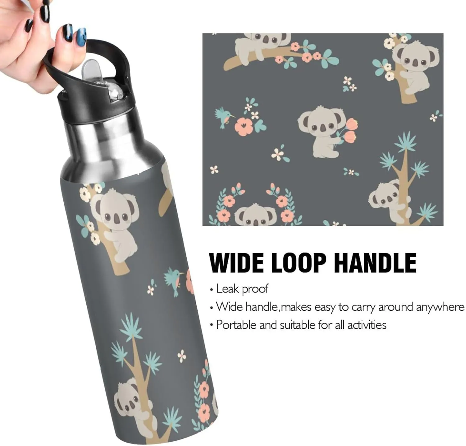senya 20 Oz Water Bottle with Straw Koala and Flowers Stainless Steel Water Bottle for Traveling Sports Leakproof Insulated