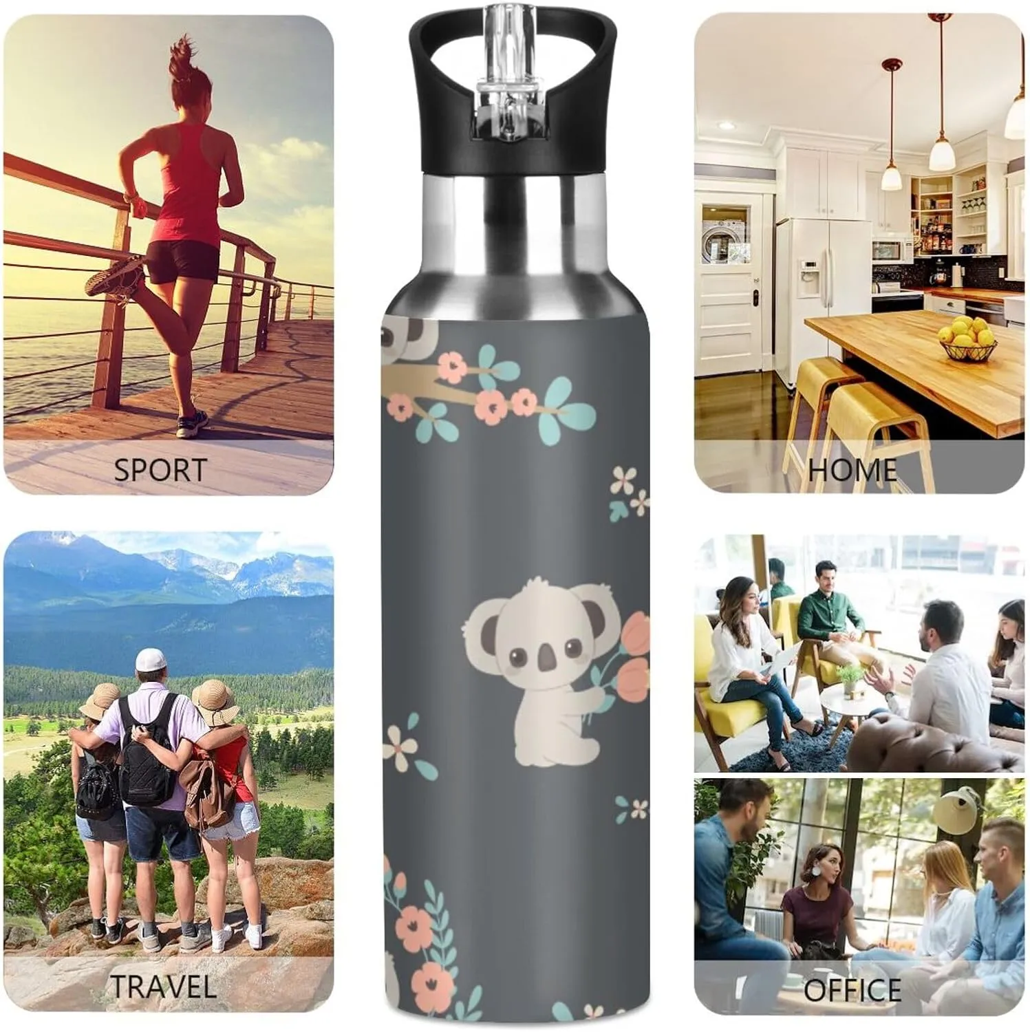 senya 20 Oz Water Bottle with Straw Koala and Flowers Stainless Steel Water Bottle for Traveling Sports Leakproof Insulated