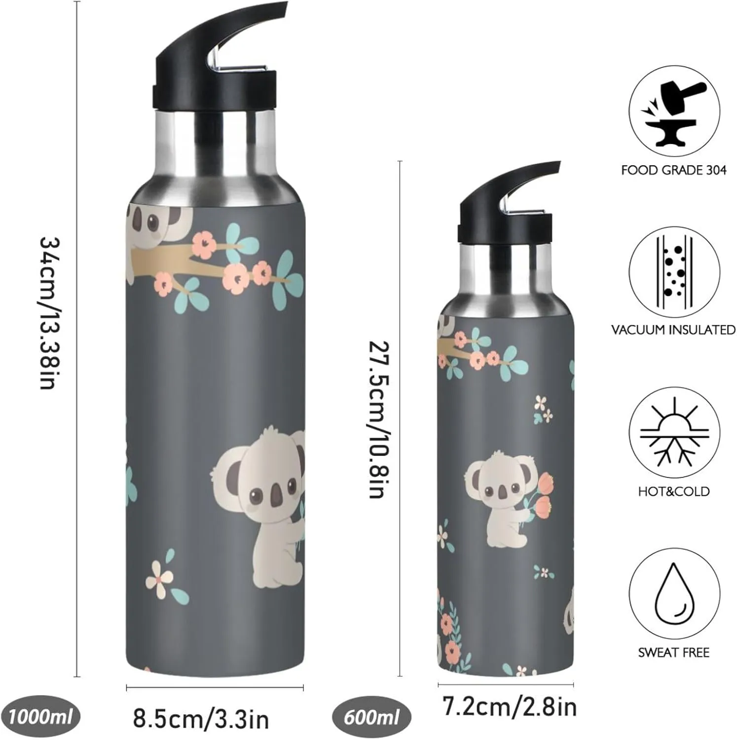 senya 20 Oz Water Bottle with Straw Koala and Flowers Stainless Steel Water Bottle for Traveling Sports Leakproof Insulated